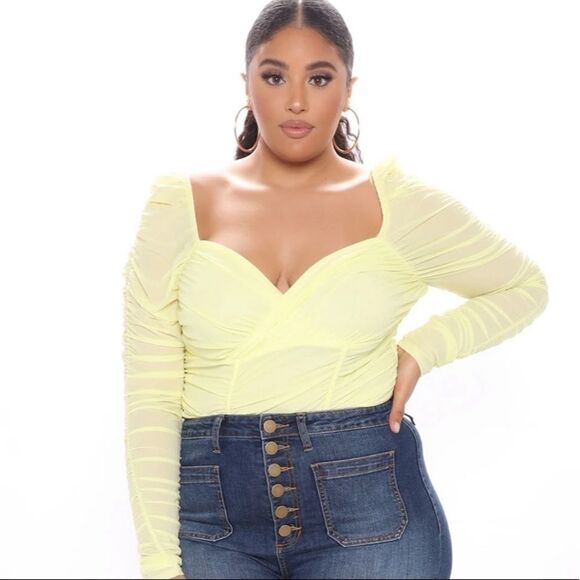 NWT Fashion Nova Can You Handle This Ruched yellow thong bodysuit suit size 1X - Picture 2 of 9